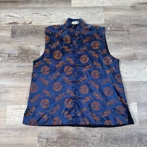 Vintage Chinese Dragon Satin Vest Navy Gold Frog Closure Y2K XL